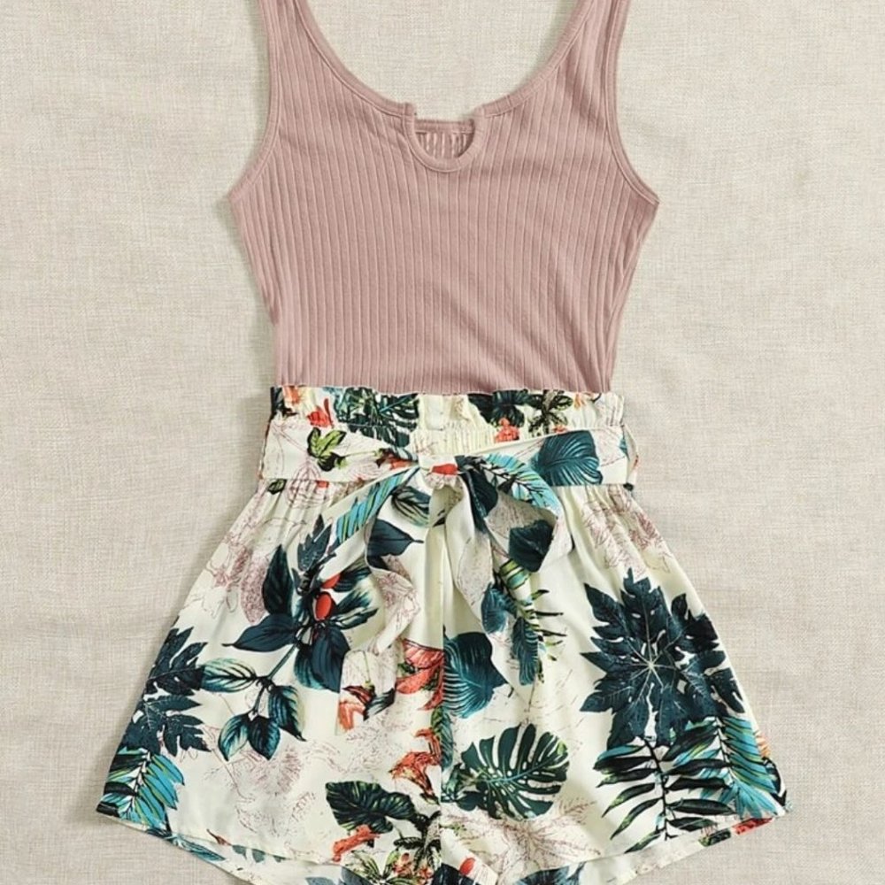 Shein Tropical Print Paperbag Waist Belted Combo Tank Romper